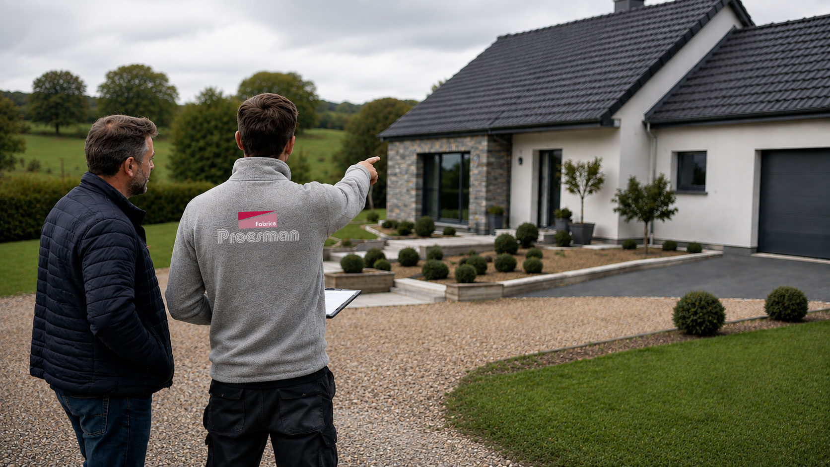 Un responsable Proesman en visite devant une maison avec son client